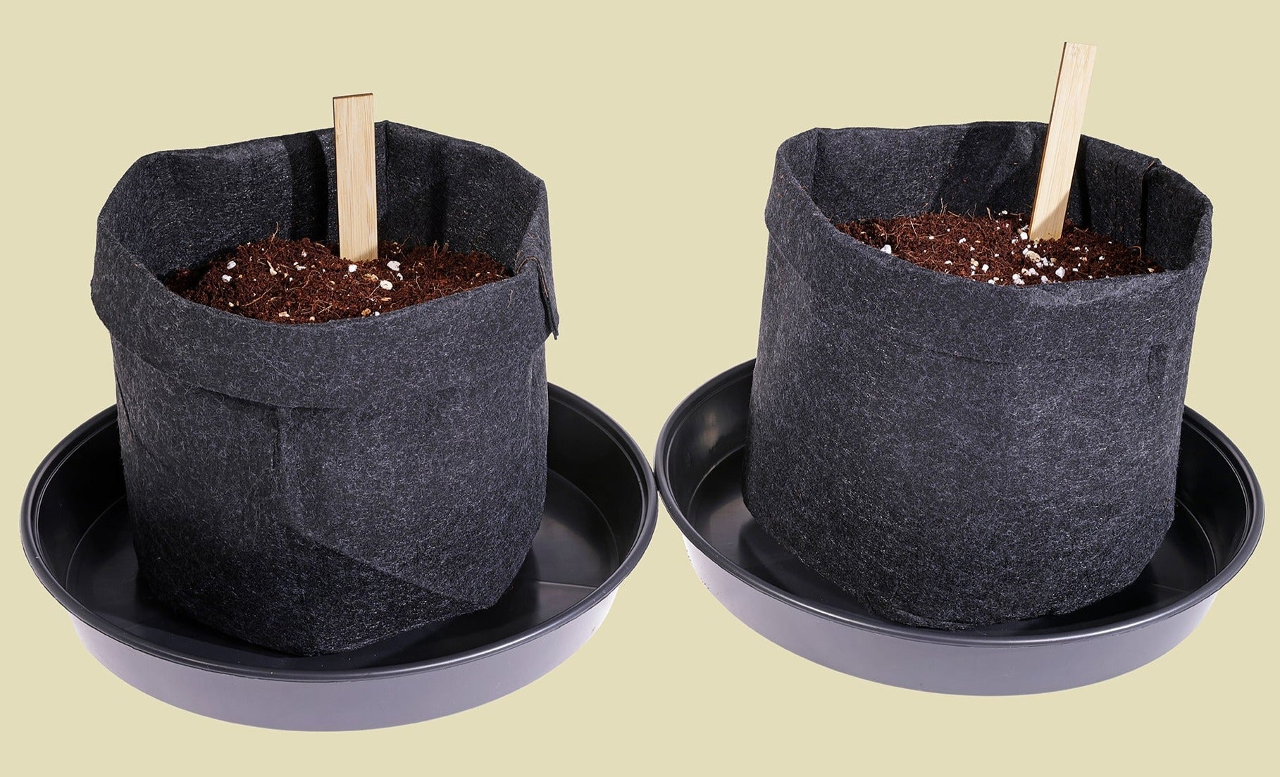 Eco friendly fabric grow pots, a biodegradable alternative to traditional plastic pots. And our recycled plastic saucers.