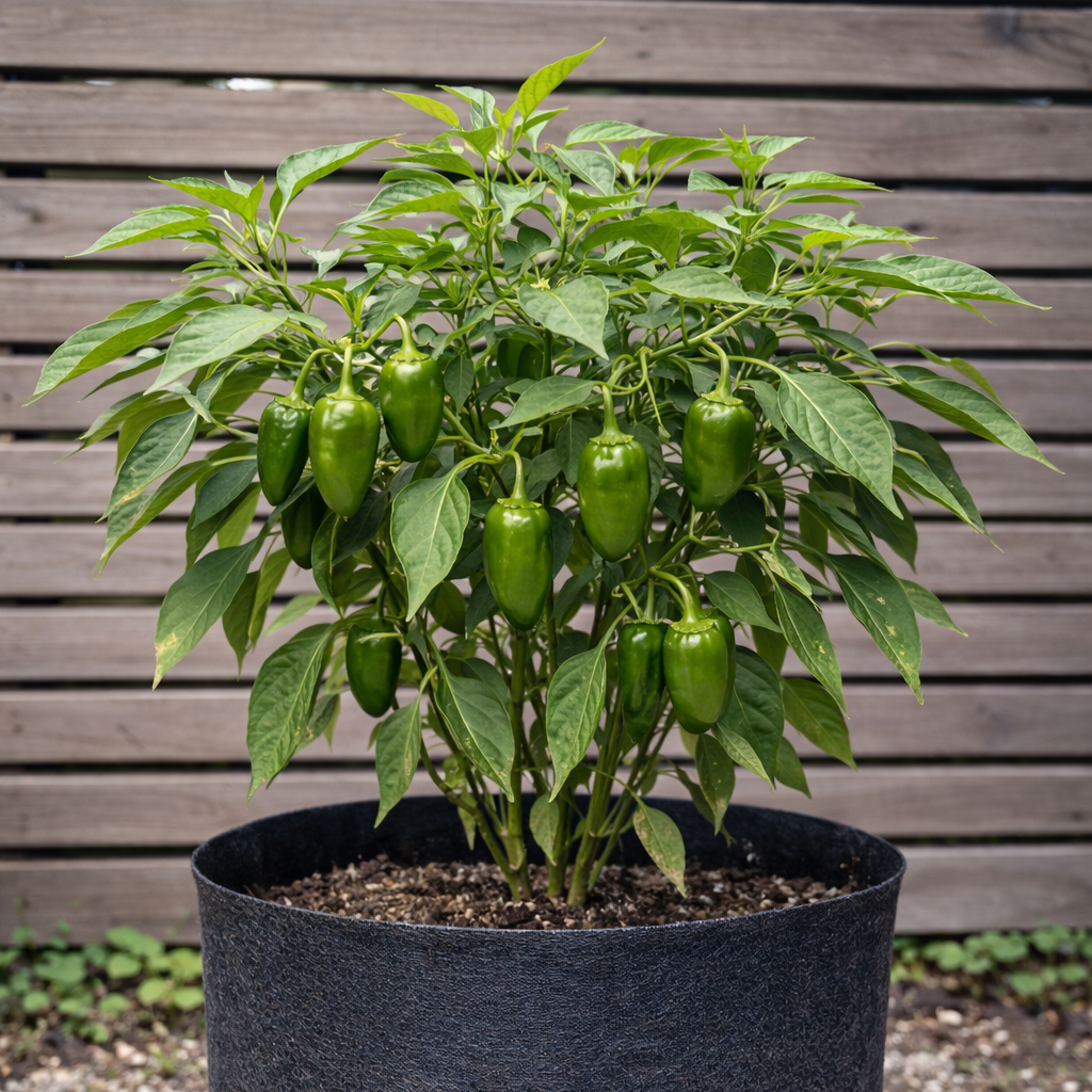Padron pepper plant in black fabric pot