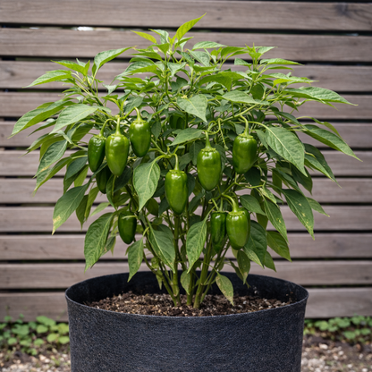 Padron pepper plant in black fabric pot