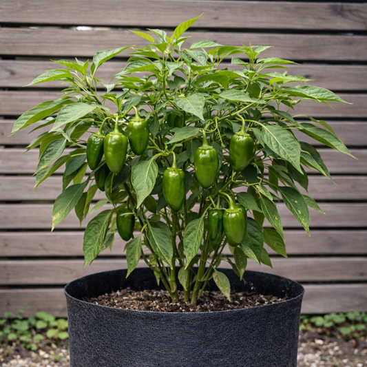Padron pepper plant in black fabric pot