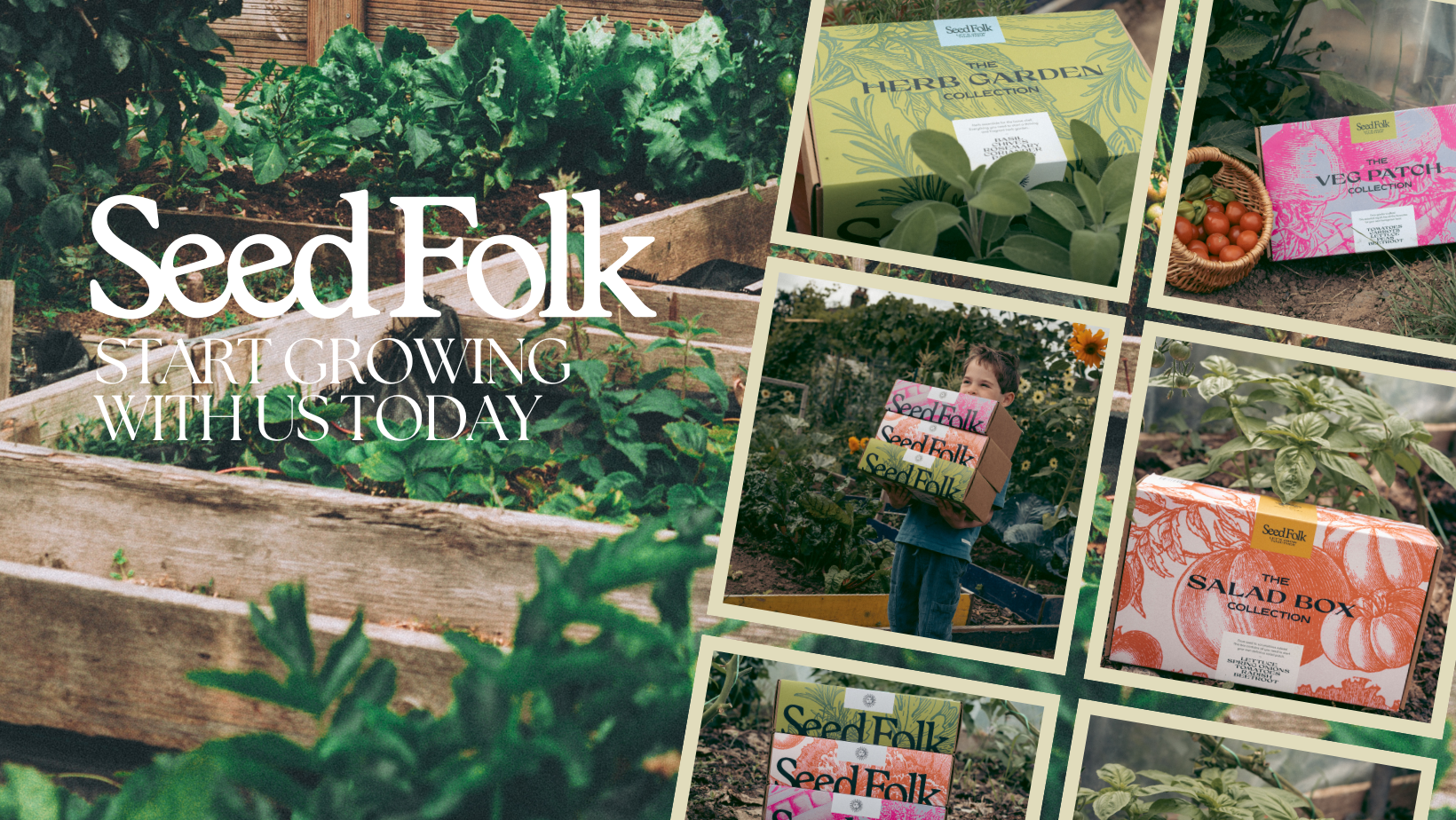 Promotional collage for Seed Folk with garden imagery and product packaging.